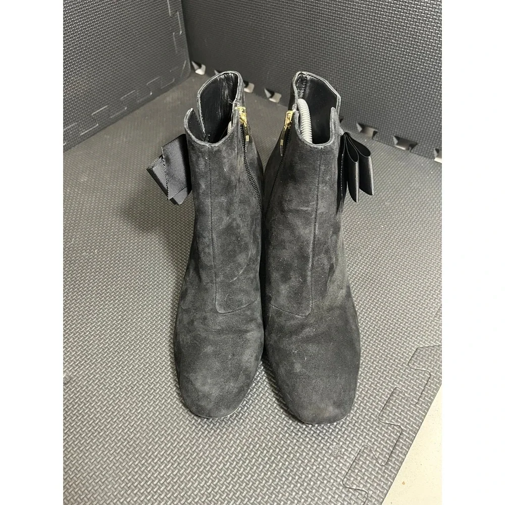 Kate Spade Ankle Boots Womens 9.5M Black Suede Bow Side Zip Block Heel